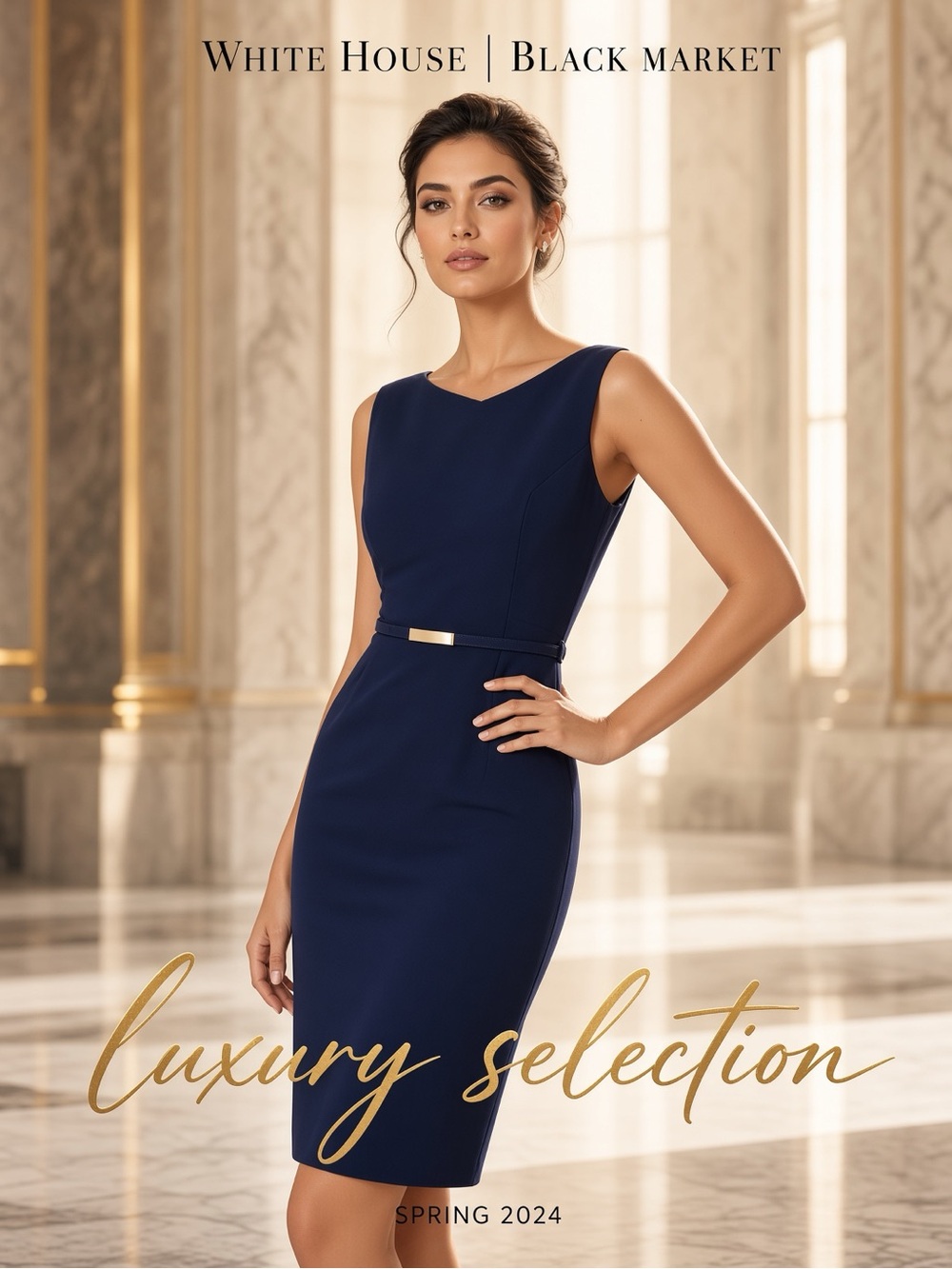 White House Black Market Midnight Blue Sheath Dress with Slim Gold Bar Belt Sz 2